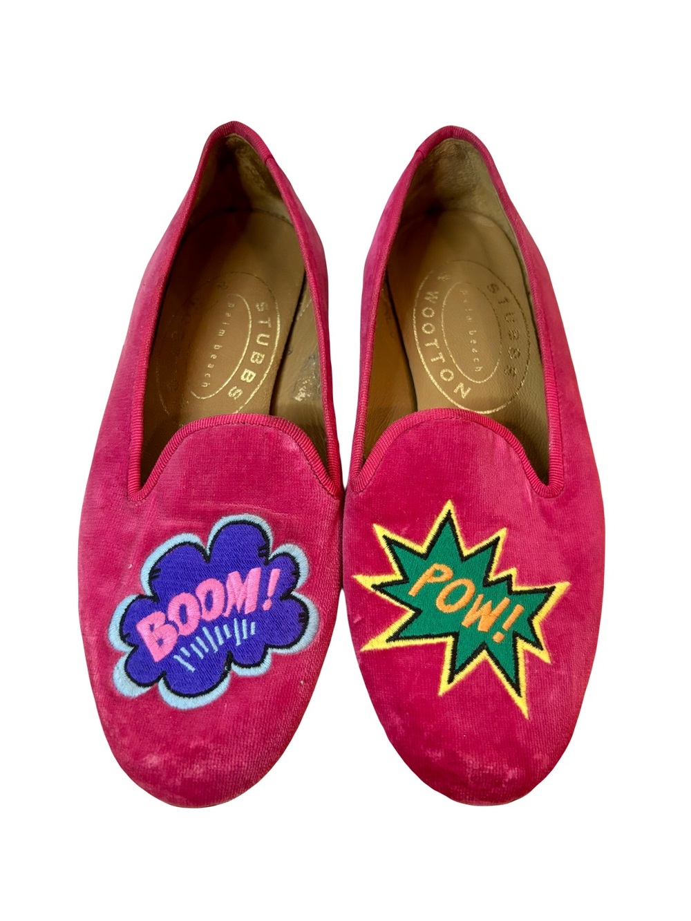 Stubbs & Wootton Kaboom velvet loafers with comic patches women’s size 5